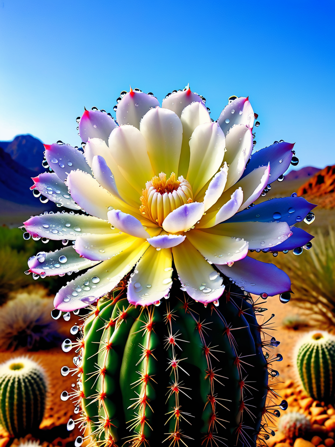 the rare moment when a desert cactus flower blooms, its delicate petals adorned with ais-waterdrops, symbolizing life thriving in harsh conditions <lora:Waterdrops_Style_SDXL:1>