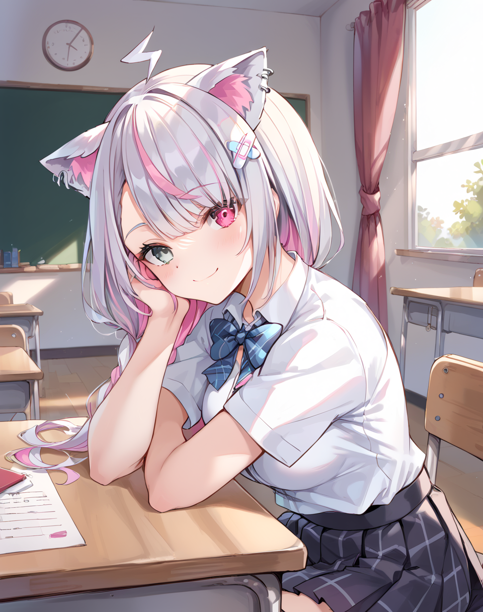 lolo_vt, long hair, white hair, streaked hair, brided ponytail, heterochromia, grey eye, pink eye, virtual youtuber, cat ears,  pink hair, ahoge, two-tone hair, school uniform, shirt, pleated skirt,  short sleeves, plaid bowtie, plaid skirt, black skirt BREAK indoors, classroom, sunset BREAK shy smile, from side, looking at side, sitting, on chair, desk, head tilt, head rest     BREAK score_9, score_8_up, score_7_up, source_anime ,zPDXL,<lora:Lolo:0.8>,