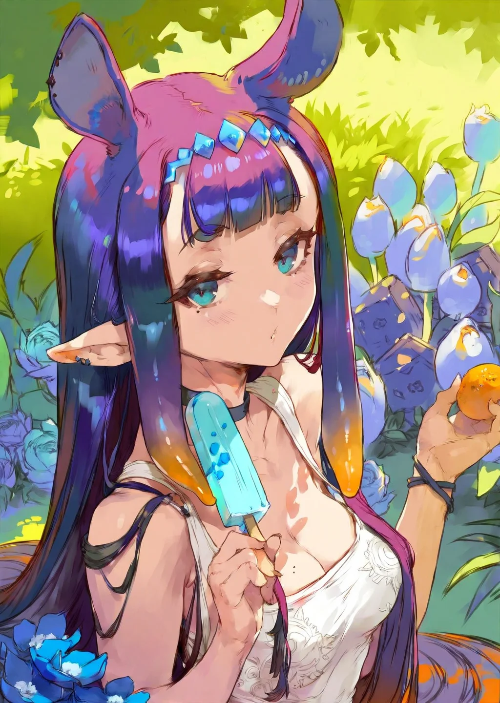 ninomae ina'nis, 1girl, virtual youtuber, popsicle, food, long hair, pointy ears, solo, sidelocks, mole under eye, bangs, purple hair, tentacle hair, multicolored hair, orange hair, gradient hair, blunt bangs, flower, mole, looking at viewer, blue flower, blue eyes, holding, very long hair, holding food, blush, eating, upper body, choker, animal ears
by cutesexyrobutts