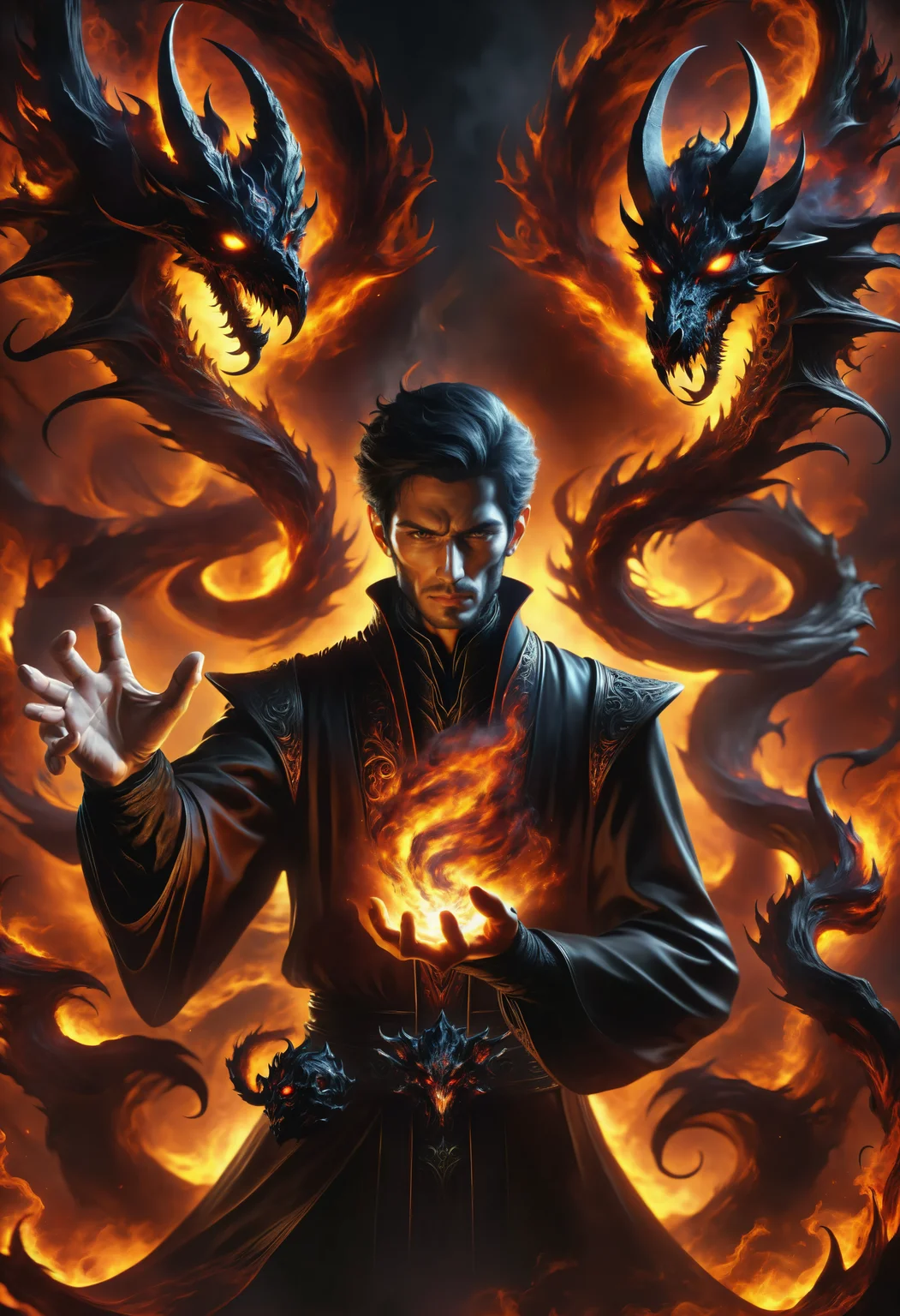 hyper detailed masterpiece, dynamic, awesome quality, a male energy manipulator conjuring infernal shadow DonMM4g1cXL magic, <lora:DonMM4g1cXL_v1.2:1>, Perfect Hands, <lora:Perfect Hands:1>
