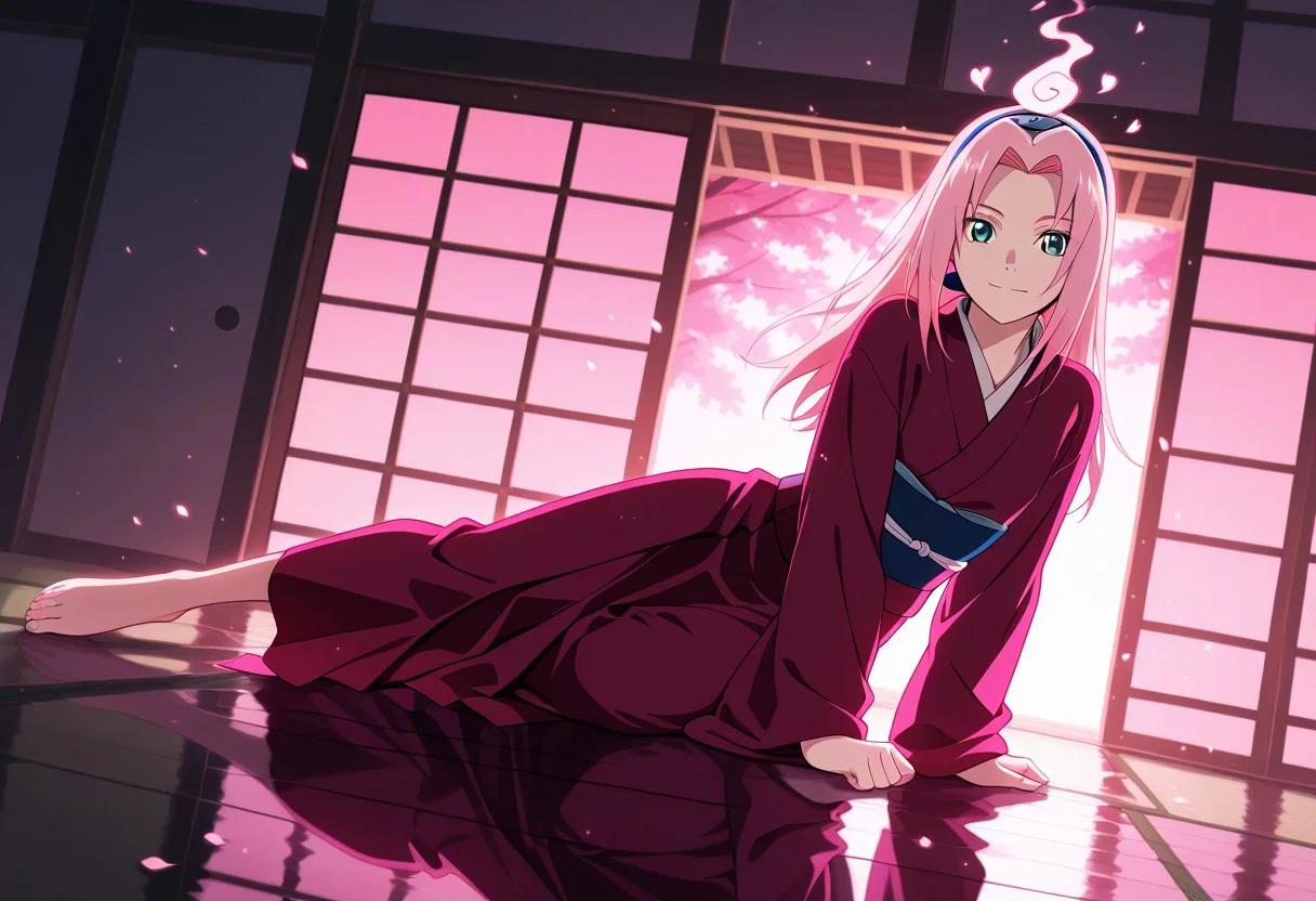 Score_9_up, score_8_up, score_7_up, source_anime, Expressiveh, perfect eyes, 1girl, solo, haruno sakura, pink hair, long hair, green eyes, slim body,Small breasts,
best quality, dynamic pose, dynamic angle, heart, looking at viewer,
pink kimono with red flowers, light reflecting on skin, japanese garden, sunny, godrays, intense lighting, detailed background, playful pose, spirit familair, spirit on head, cheerful, happy, looking at viewer, sitting,Dynamic pink lighting,nightpink particles,reflective floor,
 score_9, score_8_up, score_7_up, score_6_up, score_5_up, score_4_up, masterpiece, 4K, quad HD, best quality, high quality, highres, stunning details, highly detailed, ultra detailed, extreme detail, perfect composition, very aesthetic, sharp focus, crisp details, vivid colors, soft lighting, cinematic lighting, dynamic lighting, volumetric lighting, sharp contrast, smooth shading, intricate details, cinematic color grading, clear details, harmonious composition, vibrant colors, ambient lighting, anime-style illustration, vibrant and expressive, ultra-detailed, high-resolution, smooth shading, cel shading, vivid anime colors, best quality, intricate details, elegant pose, cinematic lighting, dynamic composition, anime fantasy background, soft glow, dreamy atmosphere, stunning character design, expressive eyes, 4K HD, anime artstation trending,, ansrd
