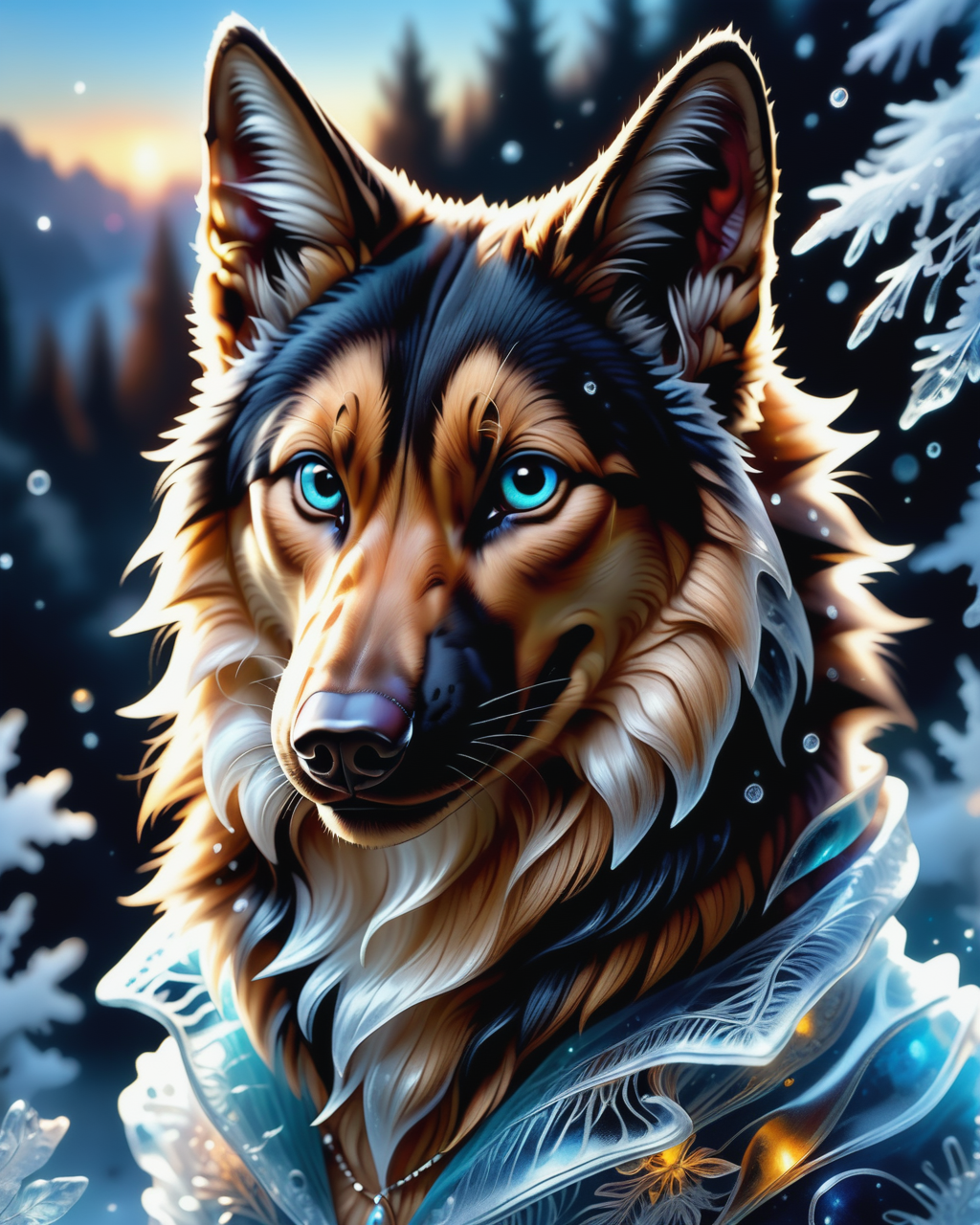 score_9, score_8_up, score_7_up, intricate details, rating_safe,
<lora:BioIceCrystalsPONY:1>, 1boy(made out of Jed-Blmicry, bioluminiscence, translucent,
feral furry, German Shepherd,
full body, looking at the viewer, solo, smiling), detailed background, depth of field, subsurface scattering, 
<lora:ral-chrosc-clr:0.3>, ral-chrosc-clr,
<lora:xl_more_art-full_v1:0.3>,
<lora:add-detail-xl:0.3>