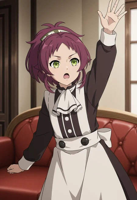 <lora:Aisha GREYRAT_illustrious-000046:1>,
Aisha GREYRAT,solo,open mouth,apron,couch,ponytail,ascot,long sleeves,purple hair,white ascot,indoors,parody,dress,arm up,white apron,black dress,anime screencap
