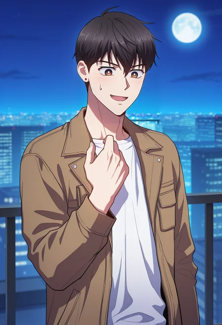 masterpiece, best quality, amazing quality,high resolution, intricate details,official style,depth of field,anime coloring,anime screencap , , , 1boy, solo, male focus,  <lora:han_yoojin:0.94>,han yoojin,black hair,short hair,brown eyes,stud earring,smile, open mouth,shirt,long sleeves,jacket, white shirt,open clothes, hand up, sweatdrop, open jacket, brown jacket, night,city,balcony,sky,full moon,upper body,