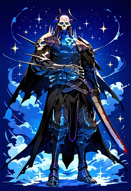 score_9,score_8_up,score_7_up,source_anime, king_hassan_(fate),solo,looking at viewer,1boy,holding,standing,full body,weapon,male focus,horns,sword,star \(symbol\),holding weapon,armor,sparkle,mask,glowing,holding sword,shoulder armor,glowing eyes,cloak,spikes,skull,black cloak,skull mask,hands on hilt,