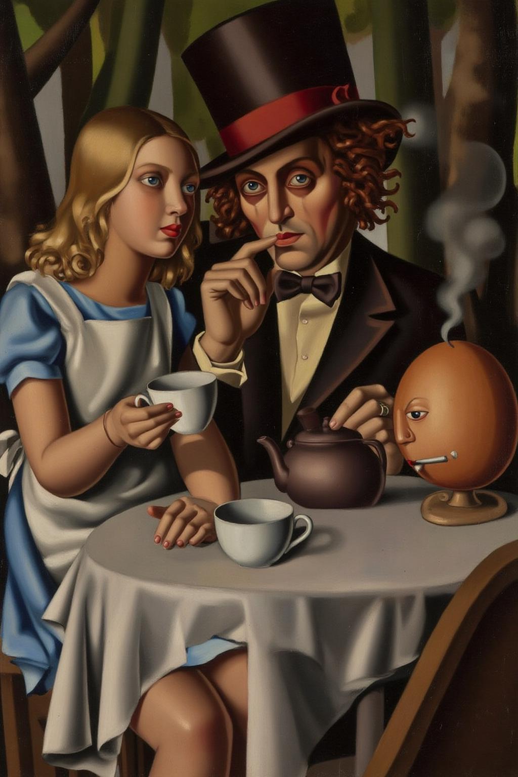 tamaradelempicka1 painting.
Three characters sitting at a table at a tea party in the forest. On the left is Alice in Wonderland, a girl with long blonde hair in a dress and white apron holds a teacup. In the center is the Mad Hatter, a man with wild hair and a tall hat, in a suit, holding a teapot and gesturing with his finger, pointing to the left. On the right Humpty Dumpty, an anthropomorphic Egg, smoking a cigarette. <lora:tamaradelempicka1_cap_d8a4:1.0><lora:863957839293504420:0>