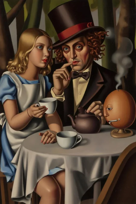 tamaradelempicka1 painting.
Three characters sitting at a table at a tea party in the forest. On the left is Alice in Wonderland, a girl with long blonde hair in a dress and white apron holds a teacup. In the center is the Mad Hatter, a man with wild hair and a tall hat, in a suit, holding a teapot and gesturing with his finger, pointing to the left. On the right Humpty Dumpty, an anthropomorphic Egg, smoking a cigarette. <lora:tamaradelempicka1_cap_d8a4:1.0><lora:863957839293504420:0>