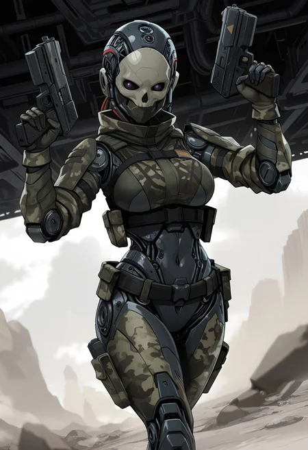 masterpiece, best quality, good quality, very aesthetic, absurdres, newest, 8K, depth of field, focused subject,
dynamic angle,
in the style of ckgr, 1girl, android, black and white camouflage mask is open, skull gloves, holding a futuristic gun, anime