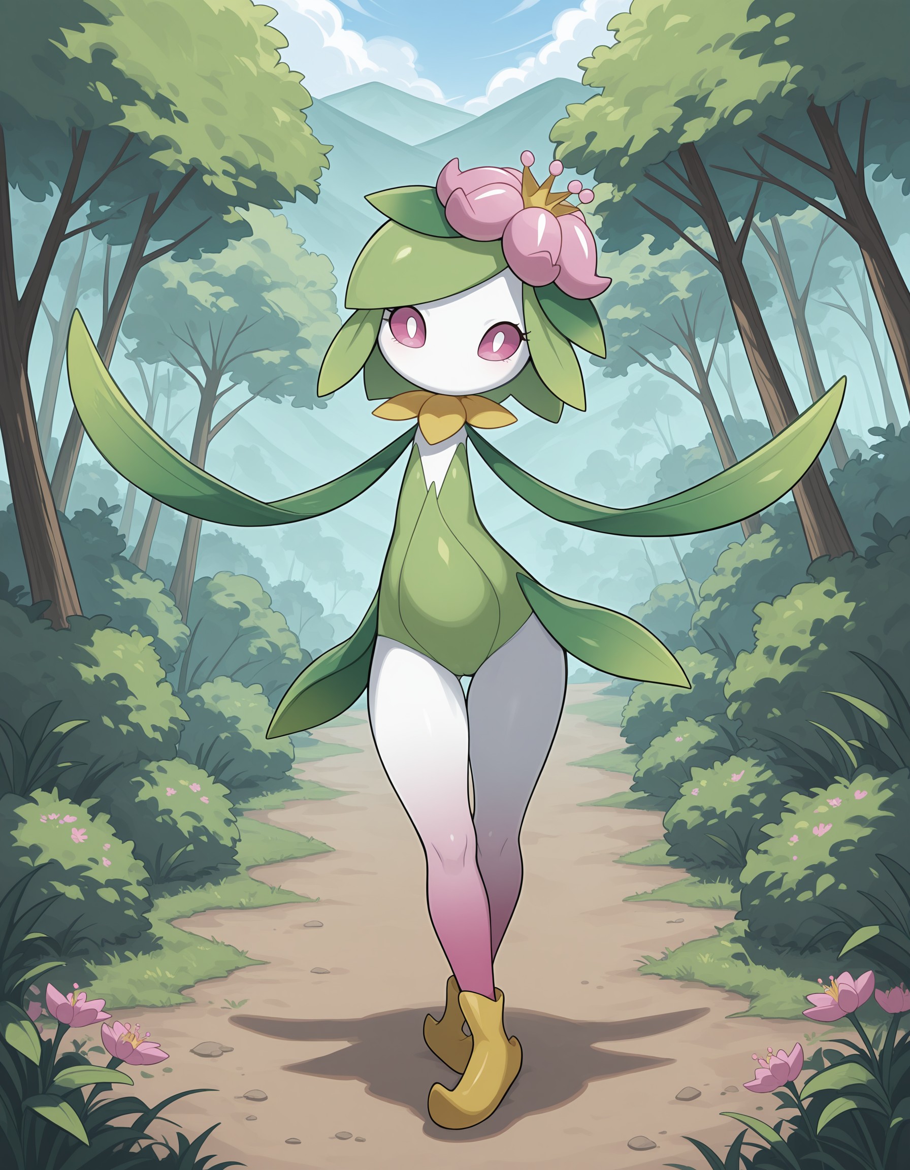 masterpiece, best quality, amazing quality, very detailed, newest, no humans, WnHLlgnt, white skin, colored sclera, leaf arms, pink flower, pink eyes, pokemon \(creature\), (solo), full body, looking at viewer, hills, flowers, bushes, trees, standing, <lora:4602d1f3-31a2-4c2b-a02f-c6bff6e0e89d:0.9>