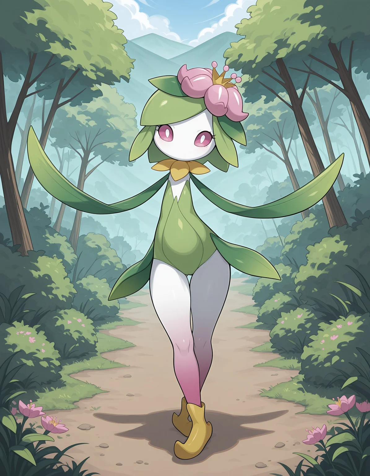 masterpiece, best quality, amazing quality, very detailed, newest, no humans, WnHLlgnt, white skin, colored sclera, leaf arms, pink flower, pink eyes, pokemon \(creature\), (solo), full body, looking at viewer, hills, flowers, bushes, trees, standing, <lora:4602d1f3-31a2-4c2b-a02f-c6bff6e0e89d:0.9>