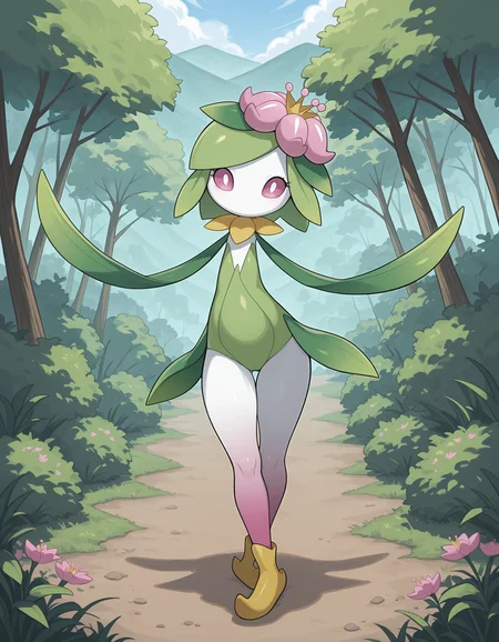 masterpiece, best quality, amazing quality, very detailed, newest, no humans, WnHLlgnt, white skin, colored sclera, leaf arms, pink flower, pink eyes, pokemon \(creature\), (solo), full body, looking at viewer, hills, flowers, bushes, trees, standing, <lora:4602d1f3-31a2-4c2b-a02f-c6bff6e0e89d:0.9>