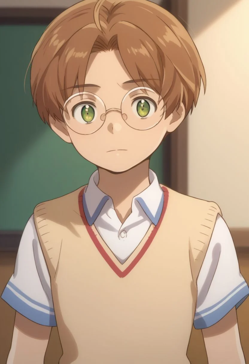 score_9, score_8_up, source_anime, highly detailed, 1boy, solo, male_focus, skinny,
1boy, 1boy, male focus, glasses, solo, brown hair, green eyes, facing viewer, upper body, short hair, white shirt, sweater vest,
indoor,