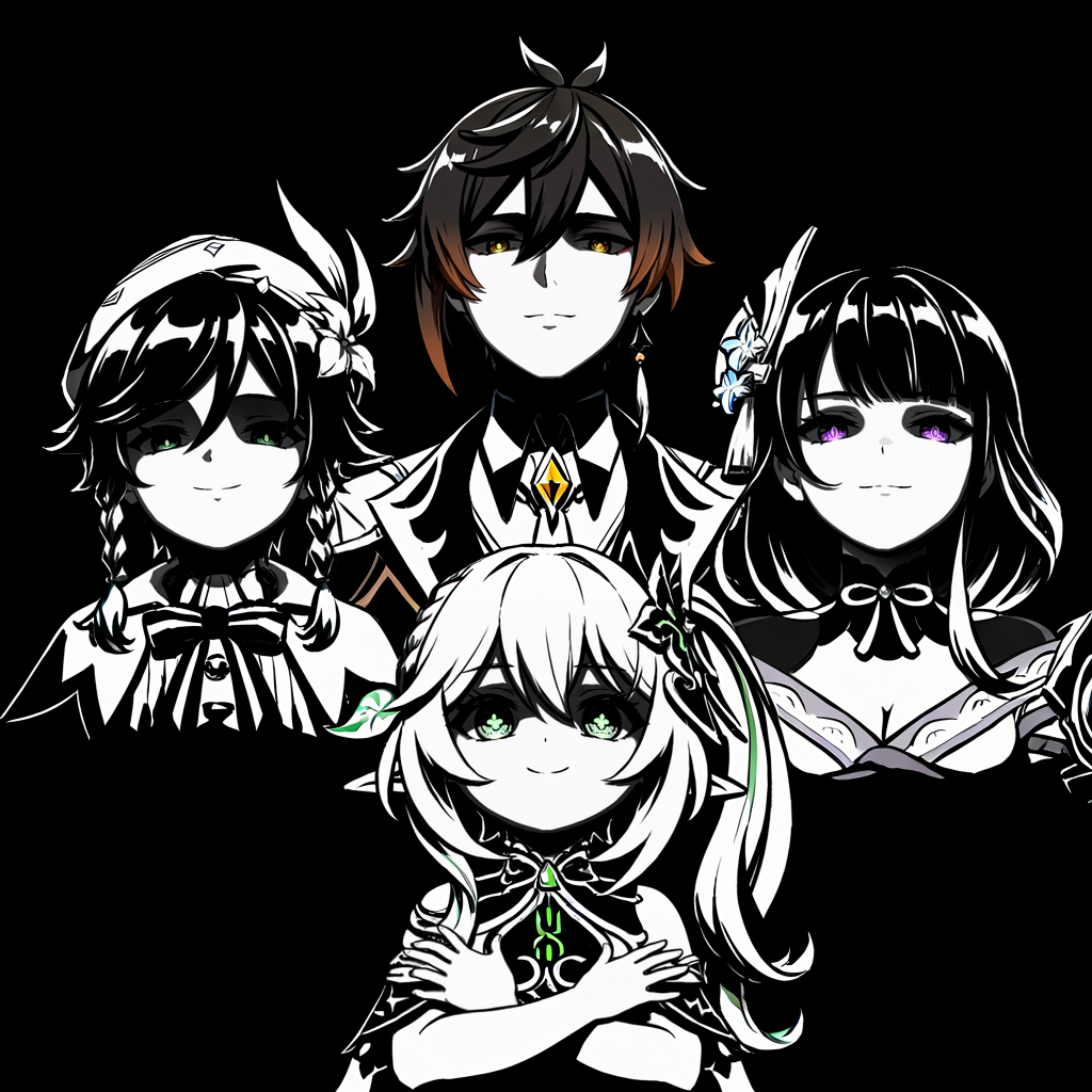 masterpiece, high quality, absurdres, 2girls, 2boys, raiden shogun, nahida \(genshin impact\), zhongli \(genshin impact\), venti \(genshin impact\), looking at viewer, smile, open mouth, simple background, closed mouth, crossed arms, black background, shaded face, album cover, <lora:queen_band:1>