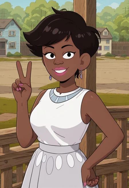 ((room background)),score_9, score_8_up, score_7_up,score_6_up, 
1girl, Solo, KimWilliams_cotc, dark brown skin, black eyes, voluminous hair, black hair, short hair, pink lipstick, lilac earrings, white sleeveless dress with decorated neck, light gray long skirt with oval patterns, light gray open sandals, big eyes, cute, tall stature, social smile, perfect eyes, perfect smile, looking at the viewer, detailed eyes, perfect eyes, standing, big breasts (front pose, bust shot) five fingers, perfect hands, (hand on hip, hand up, v sign)