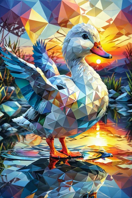 high resolution, shiny, light reflections, sunset, lights and shadows, pastel colors, extremely detailed, geometric, low-poly art style, triangles, nature background,
<lora:TQ_-_Poly_Art_XL:0.8>, img,
white duck made of diamond walking on a mirror, deployed wings, dynamic, movement