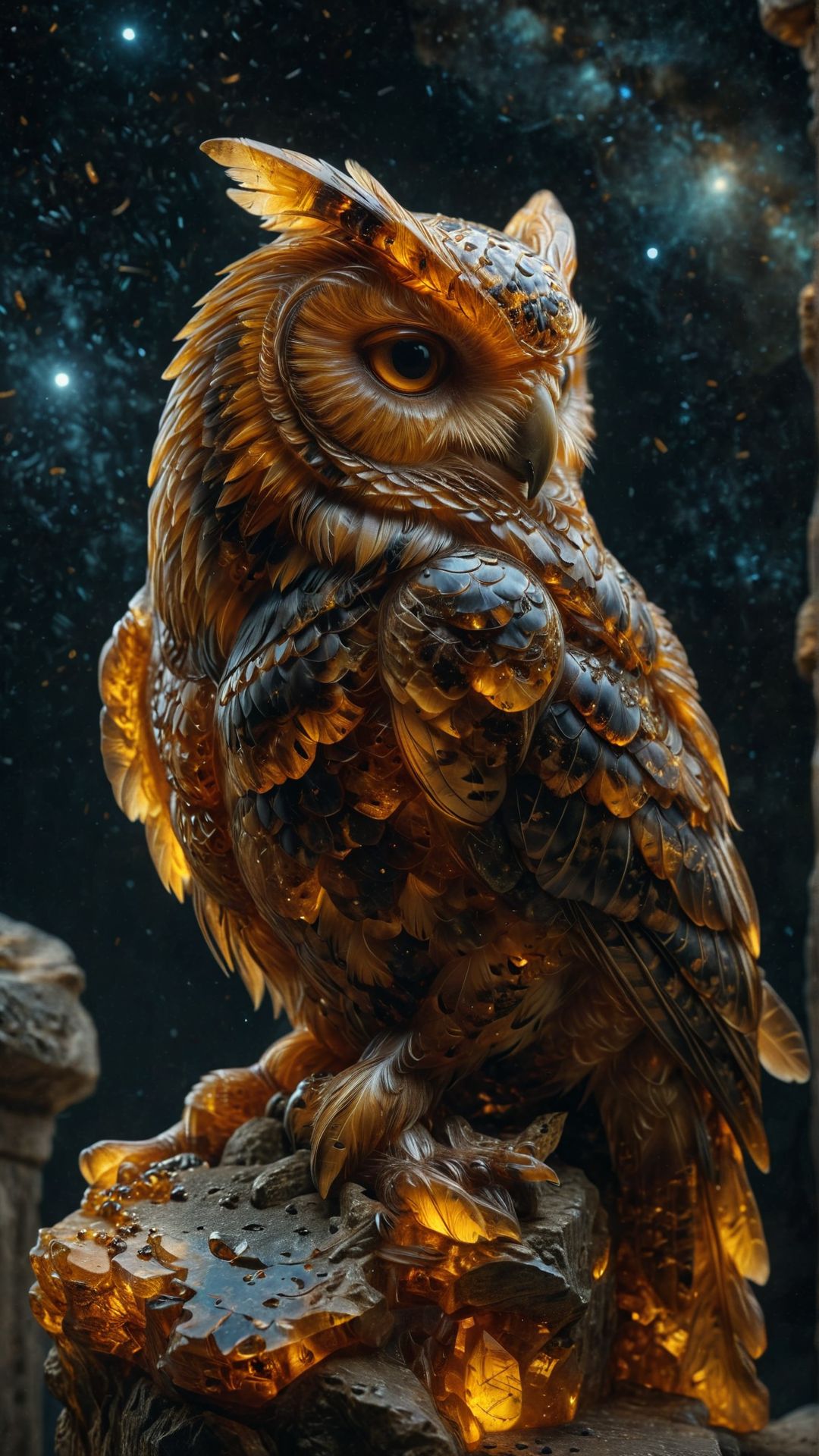 hyper realistic, a giant owl with celestial patterns on its feathers, perched on an ancient stone monument under a starry night sky, mystical and serene atmosphere, soft moonlight ,<lora:ral-amber:1> ral-amber
<lora:add-detail-xl:1>,
<lora:MJ52:0.35>,
<lora:SDXLFaeTastic2400:0.325>,
(settings by AIDigitalmediaaggency:0.0001),
OverallDetailXL
