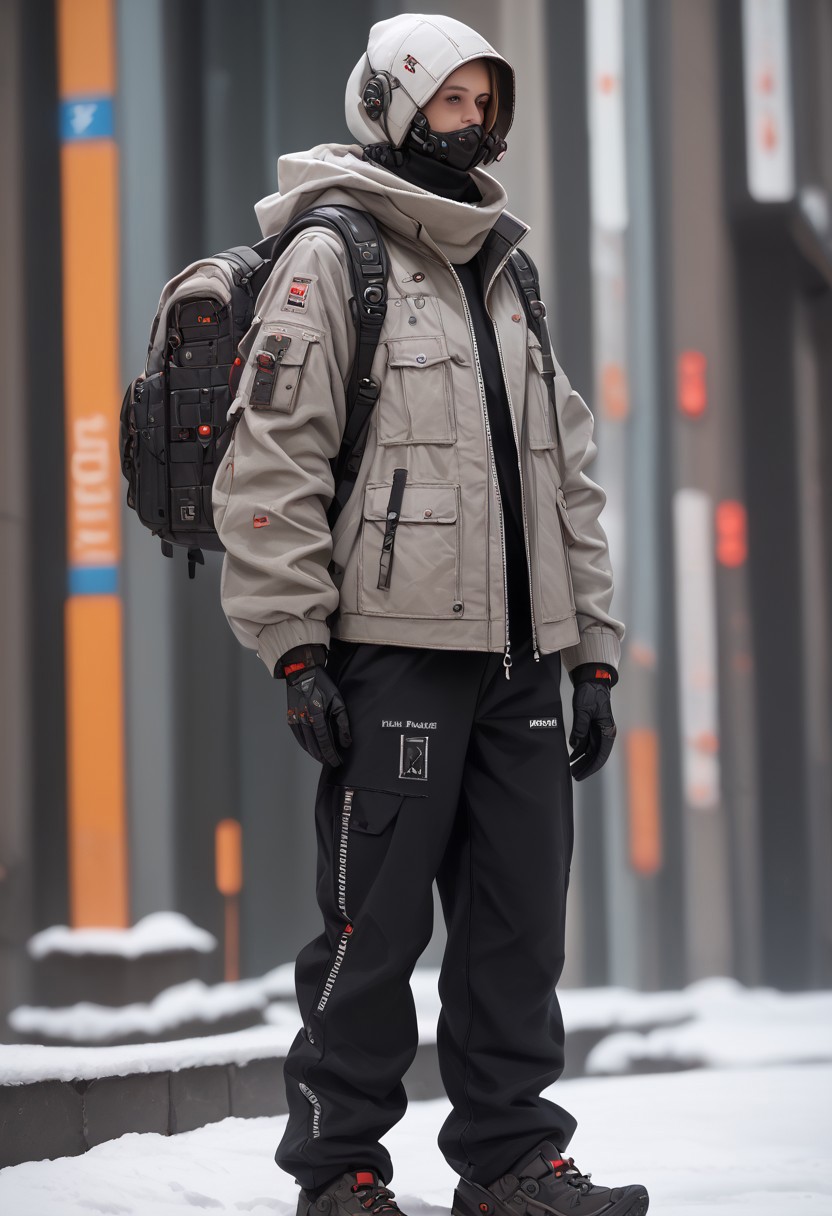 score_9, score_8_up, score_7_up, score_6_up, score_5_up, score_4_up, source_real, cowboy shot, full body, snow, techwear, solo, gloves, long_sleeves, standing, jacket, pants, hood, bag, no_humans, blurry_background, backpack, helmet, robot, mecha, 1other, zipper, science_fiction, realistic, humanoid_robot, Vivid Colors, high Contrast,