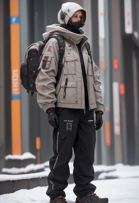 score_9, score_8_up, score_7_up, score_6_up, score_5_up, score_4_up, source_real, cowboy shot, full body, snow, techwear, solo, gloves, long_sleeves, standing, jacket, pants, hood, bag, no_humans, blurry_background, backpack, helmet, robot, mecha, 1other, zipper, science_fiction, realistic, humanoid_robot, Vivid Colors, high Contrast,