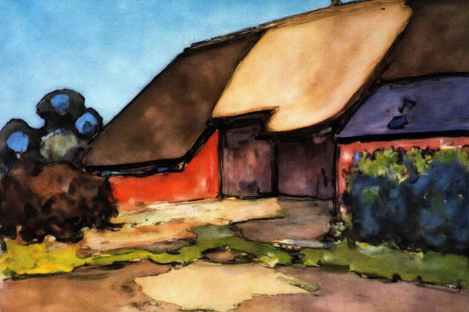 pietmondrian1 painting.
A thatched-roof farmhouse with red and brown walls and a wooden door stands under a blue sky. A courtyard is in the foreground, and trees or bushes are to the left. <lora:pietmondrian1_cap_d8a4e11:1.0><lora:860662584691423787:0>