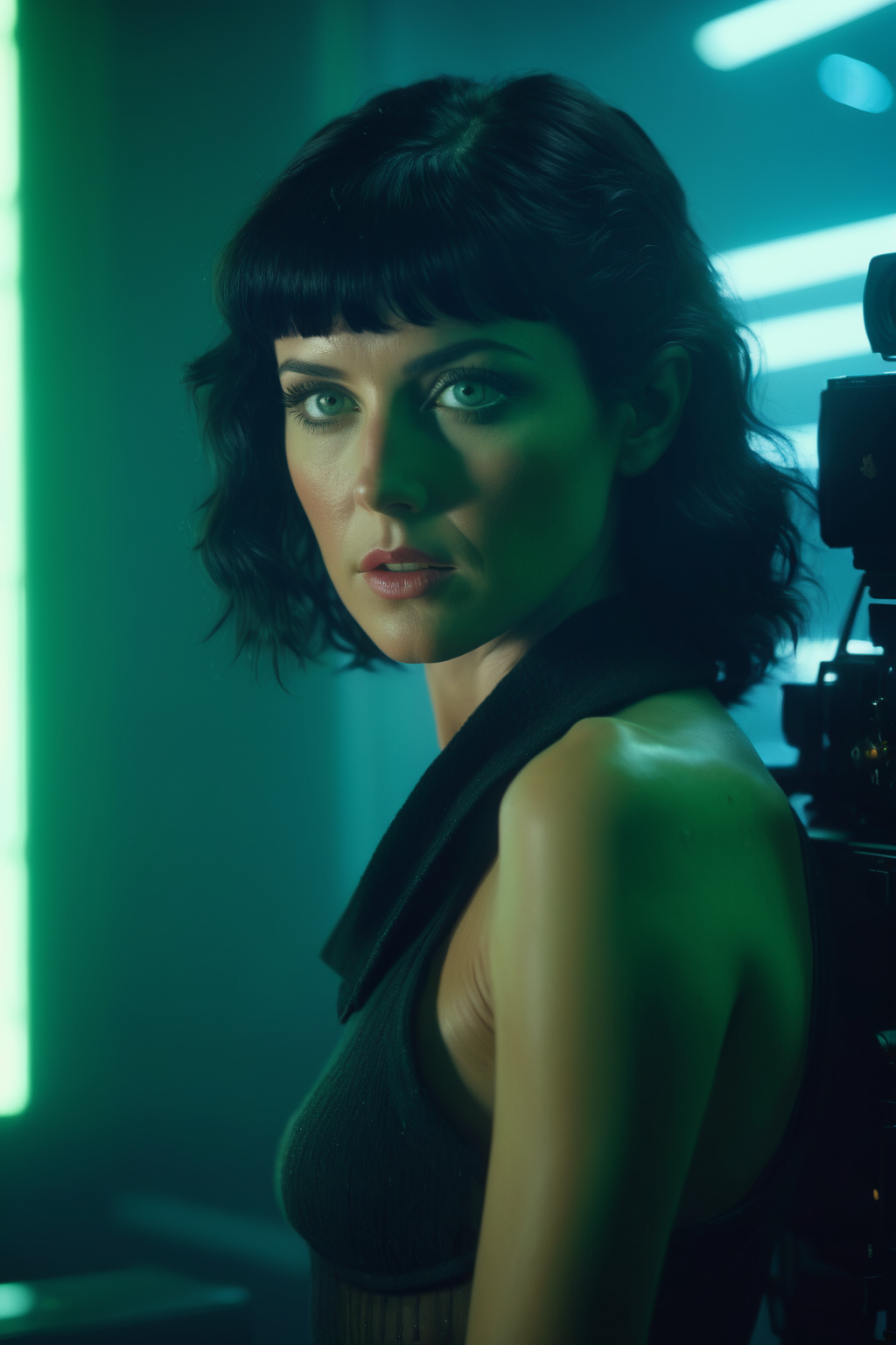 masterpiece, realistic, 8k, (1woman:1.3), european, (freckles:0.7), hazelnut green eyes, (black hair:1.1) <lora:Blade Runner Style:0.3> blade runner, ARRIRAW 4K Cinematic Arri Alexa, Zeiss Master Prime Lenses, Panavision, Film Stock Footage, Kodak Eastman 100T 5247 Cinematic