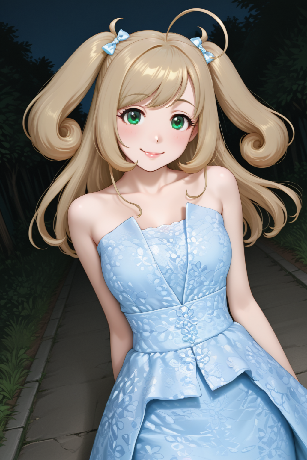 masterpiece, best quality, amazing quality, 1girl, solo, makeup, perspective, general, looking at viewer, full body, dynamic angle, dutch angle, night, outdoors, cowboy shot, serene smile, <lora:Sato_Shin_Cinderella:0.9>, Sato_Shin_Cinderella, green eyes, heart ahoge, long hair, light brown hair, large breasts, two side up, swept bangs, (tongue), bow, ribbon, <lora:floral print sleeveless strapless long tube dress104032142an:1>, floral print sleeveless strapless long tube dress, blue dress, <lora:wai-2Rectified-V140:1>, <lora:illustrious_noobai_epsilon_pred_1_masterpieces_v1:1>