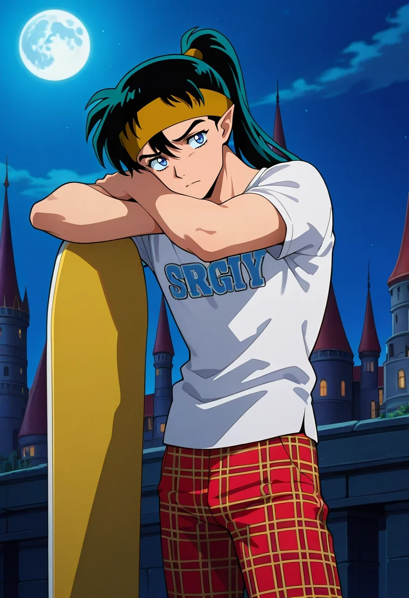 masterpiece, best quality, anime screencap, anime coloring, official style, looking at viewer, 1boy, solo, male focus, <lora:kouga_inuyasha_ilxl:1>, kouga_inuyasha, black hair, blue eyes, long hair, ponytail, pointy ears, headband, armor, cowboy shot, disneyland, night, full moon, leaning on object, sad, Plaid trousers, Performance T-shirt, , , Snowboarding Goggles, retro artstyle