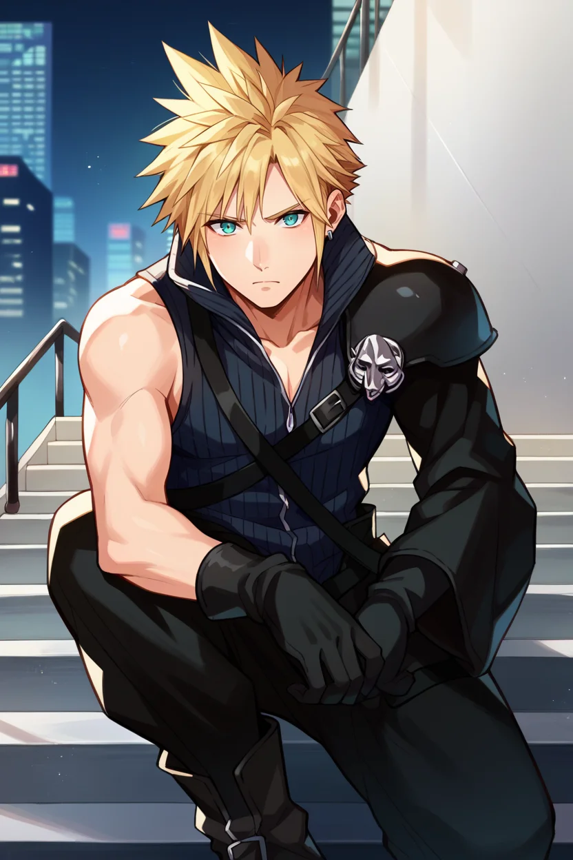 score_9, score_8_up, score_7_up, score_6_up, source_anime, 1boy, male focus, solo BREAK <lora:cloudstrife-pdxl-nvwls-v1-000006:1> acCloud, blonde hair, single earring, high collar, black shirt, single shoulder pad, harness, single detached sleeve, black gloves, black pants, black shoes, serious, looking at viewer, stairs, city, cyberpunk