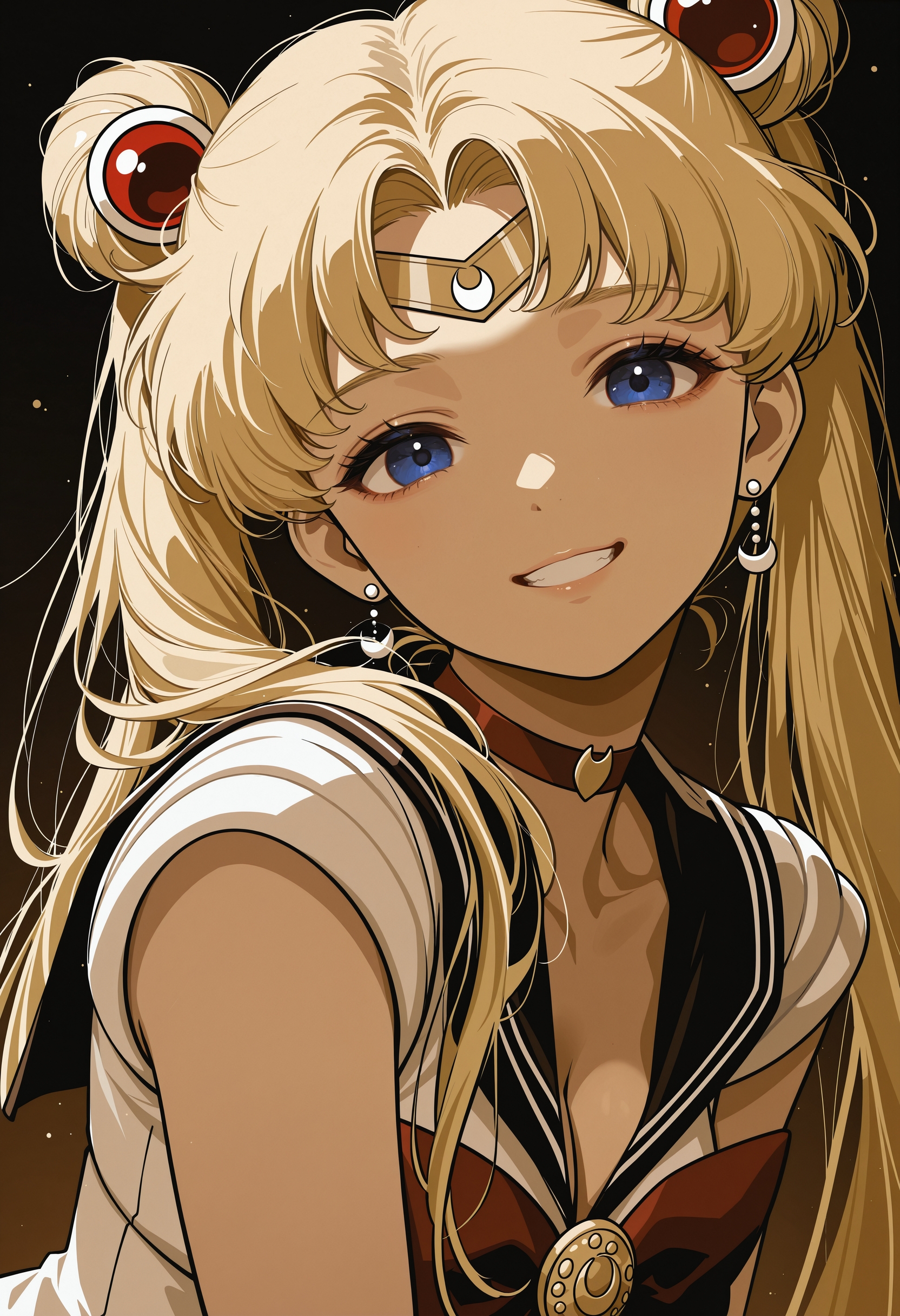 masterpiece, best quality, amazing quality, very aesthetic, absurdres, newest, cvle01, 1girl, solo, (minimalism:1.2), flat-shading, sepia, (spot-color), tsukino-usagi, sailor-moon, blue-eyes, blonde-hair, smile, grin, head-tilt, facing-viewer, sailor-moon-pose, abstract-background, two-tone-background, gradient-background, detailed hair, volumetric lighting, realistic-lighting,
