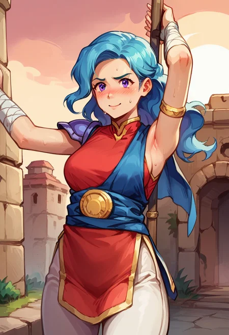 Score_9, score_8_up, score_7_up, score_6_up,score_5_up, anime color, watercolor, ink lines, anime style, source_cartoon, valere, aqua hair, (wavy hair), long hair, curvy hips, purple eyes, single shoulder pad, blue cape, blue sash, red shirt, armlet, sleeveless, bandaged arm, white pants, blue boots, (((close up))), face focus, dynamic angle, sweating, blush, wet clothes, huge weapon, (((holding weapon))), double-bladed spear, 1girl, solo, action pose, leaping, arms up, smiling, slightly nervous, (best quality,masterpiece), ultra high res,ultra-detailed, :: outdoors, outdoors, ruins, painted background, sunset,