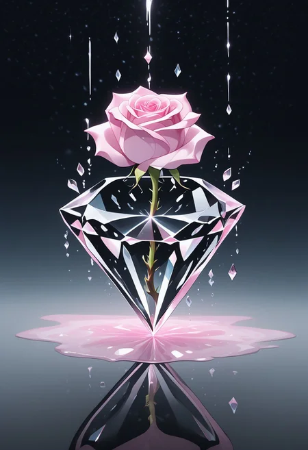 (masterpiece), best quality, Anime, Illustration, (Floating Diamond, Crystal, Magic, Reflection, Melting, Dripping, Pink Rose), Black Background, No Humans, Starry Theme, (Light Refraction), White and Pink Theme, Natural Lighting, Verynsty