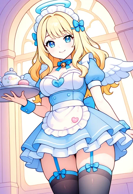 masterpiece, best quality, solo, curvy, beautiful eyes, narrow waist, wide hips, 1girl, solo, smile, looking at viewer, dynamic angle, foreshortening, close up,    1girl, solo, blonde hair, wavy hair, angel, angel wings, halo, smile,   k4w4iim1r41, cute outfit, pastel clothes,  <lora:KawaiiMirai_IXL:1.2>, [Frosted Macaron Maid], icy blue maid dress with ruffles, puff sleeves with satin bows, lace apron with embroidery, thigh-high stockings with garters, macaron hairpins, bow choker, bell cuffs, tea tray with desserts, ornate cafe interior, shimmering chandeliers, polite curtsy, soft giggle,