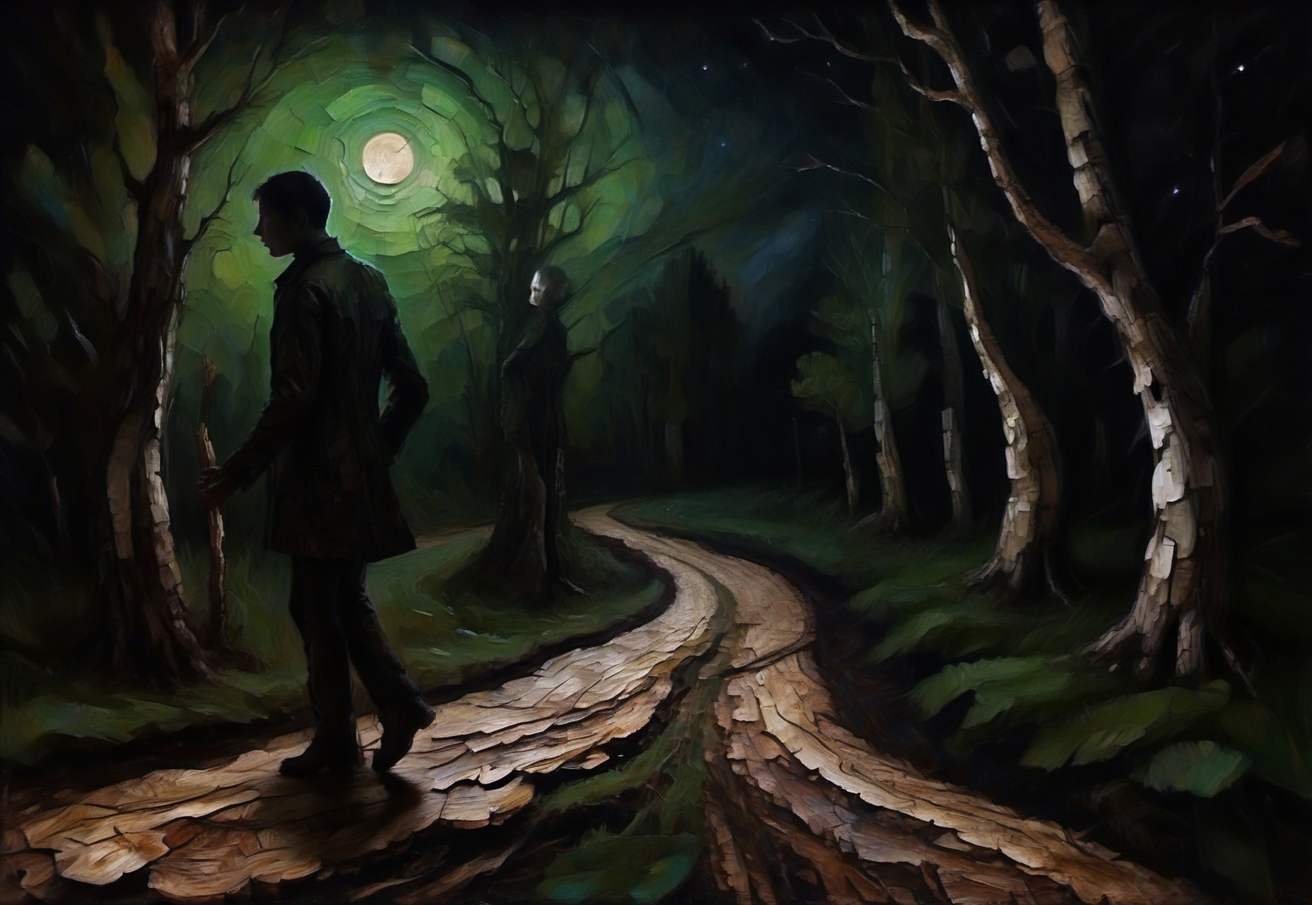 a surrealist painting of a dark meandering country road made out of (Jed-brk), night, birch trees, a dark human figure, green moonlight, swir, ((stars)), dark-grasshrooms, dark, backlit, low key, sidelight, silhouette, depth of field, blurry foreground