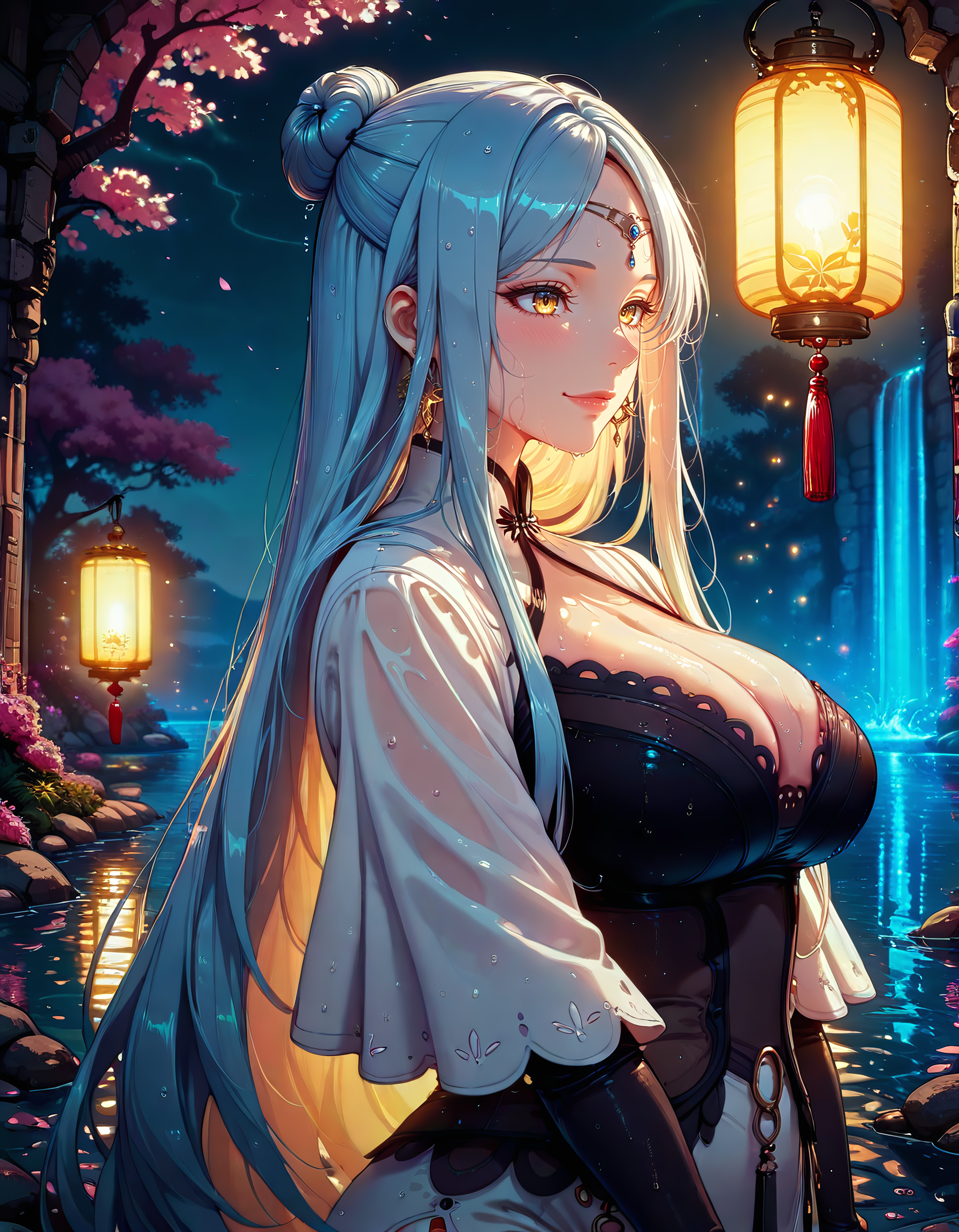 Smooth Quality <lora:ophelia_IL:1> ophelia, long hair, blue hair, single hair bun, mature female, circlet, yellow eyes, large breasts, jewelry, sidelocks, earrings, completeley nude, 1girl, blush, closed_mouth, cowboy_shot, outdoors, smile, solo, upper_body, water, waterfall, wet, lantern_festival, sakura_blossoms_above, nighttime_scene, warm_paper_lantern_light, intimate_mood, gentle_floating_pose, <lora:ck-nc-cyberpunk-IL:1> cknc, detailed eyes, detailed face, detailed skin <lora:DetailedEyes_V3:1> <lora:cfg_scale_boost:0.7> <lora:lightingSlider:-1> golden hour (volumetric lighting:1.3), <lora:SkindentationIL3.4_alpha16.0_rank32_full_400steps:5>
