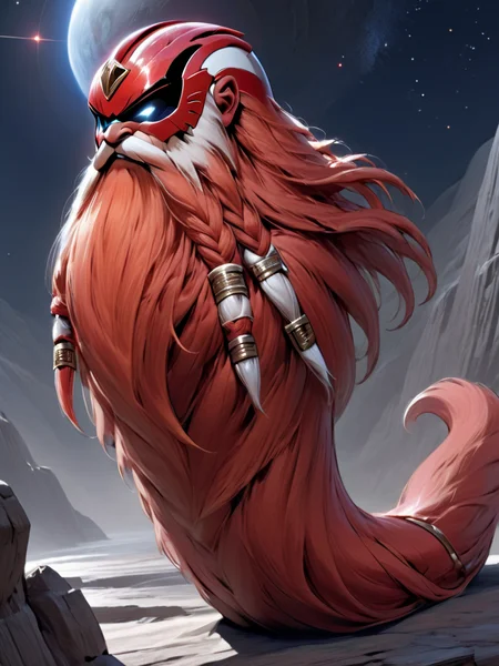 ultra detailed, masterpiece, Harry_Dwarf, power ranger, (wearing power rangers armor),(chest armor),(body suit),( spandex), face helmet, long red and white patterned beard, bangles, <lora:Harry_Dwarf_1.5:1.2>, back lighting, beautiful lighting, rocky planet, starry background, hairy, everything is covered in hair,