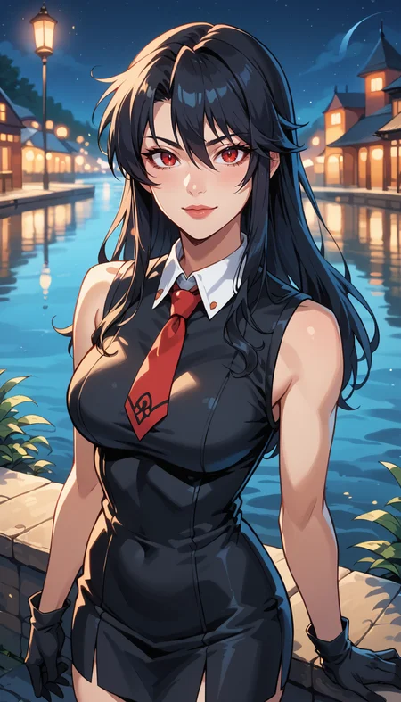 score_9, score_8_up, score_7_up, Western Comics, Cowboy Shot, Akame ga Kill!, cute, seductive, innocent, light smile:0.3, plump lips, slender body, very long black hair, red eyes, black dress, sleeveless, detailed white collar, black skirt, red and black gloves, long red tie, ultrahigh resolution textures, bokeh, moonlight passing through hair night, lake background, depth of field, dynamic angle, fashion photography, sharp, hyperdetailed:1.15