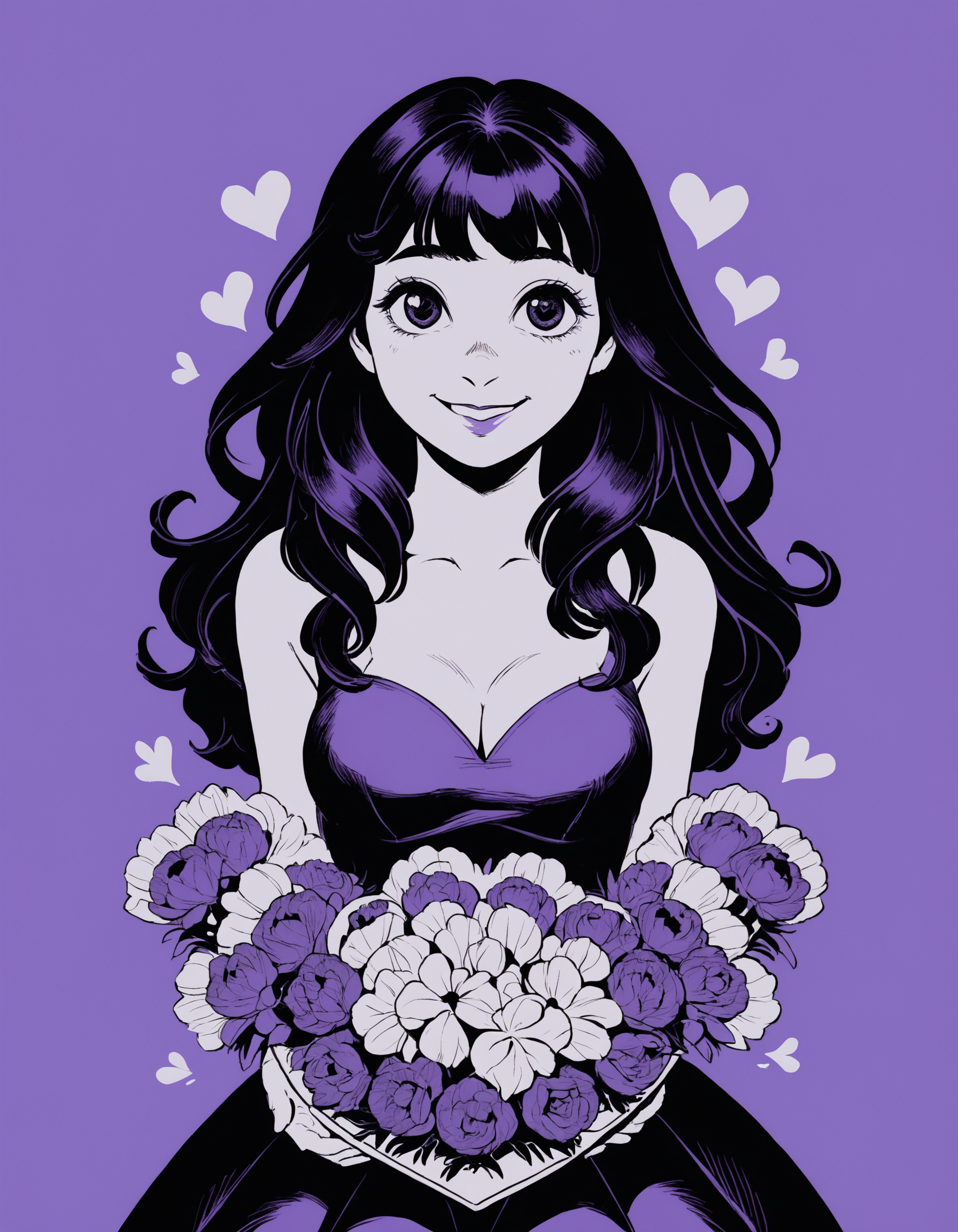 1girl, woman, solo, simple background, cleavage, dress, flowers, bouquet, long hair, hands behind back, hearts, love, romantic, colorful, large eyes, purple theme, monochrome, smile, vintage_pop <lora:whimsical_vintage_pop:0.8>