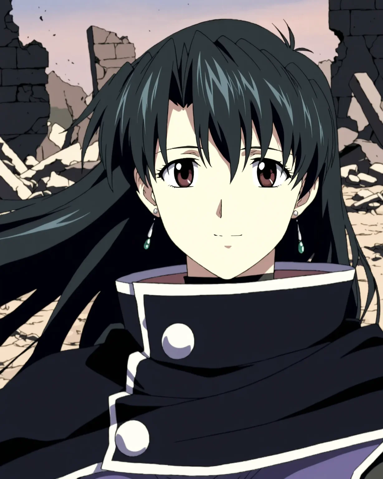 <lora:Raquel_ill_v10:0.8> Raquel Casull, 1girl, solo, jewelry, earrings, cloak, black cloak, cape, black cape,hair down, light smile, floating hair, upper body, looking at viewer, close-up, anime coloring, ruins, high quality,highres, absurdres, super detailed skin