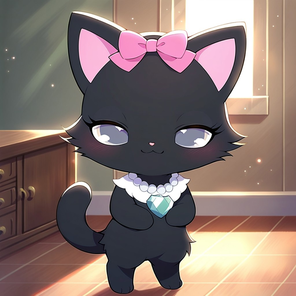 (score_6 , score_7_up:1.2), 
indoors, 
standing,smile,happy, Full Body, Romantic, Small Body, chibi,Furry, looking_pleasured, 
 jewel pet, ((solo,1girl,female)),center,Diana,perfect diana,(black fur,black body),solo,grey eyes,((narrowed eyes)),mesugaki,
no humans,animal,cat,cat ears,(pink inner ears),
jewelry,heart_gem,necklace,pink bow, right-handed,