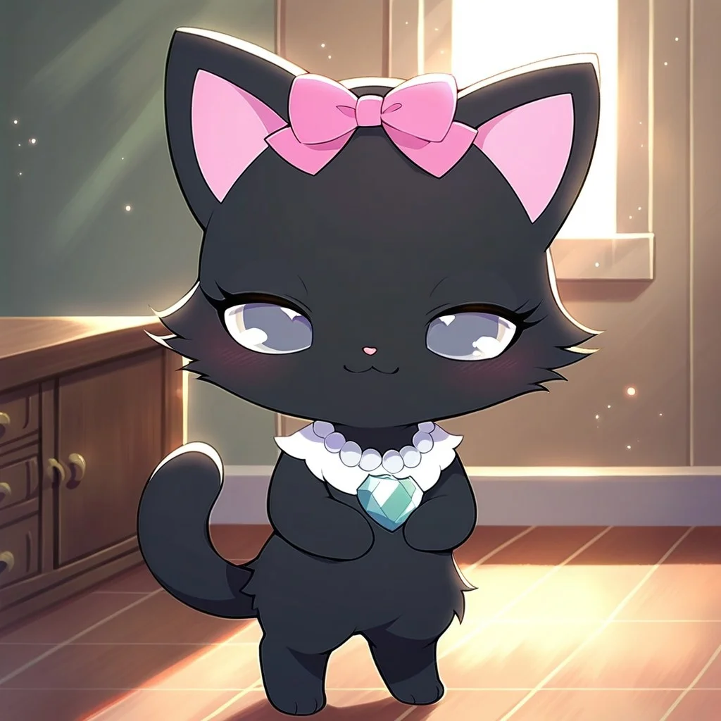 (score_6 , score_7_up:1.2),
indoors,
standing,smile,happy, Full Body, Romantic, Small Body, chibi,Furry, looking_pleasured,
jewel pet, ((solo,1girl,female)),center,Diana,perfect diana,(black fur,black body),solo,grey eyes,((narrowed eyes)),mesugaki,
no humans,animal,cat,cat ears,(pink inner ears),
jewelry,heart_gem,necklace,pink bow, right-handed,