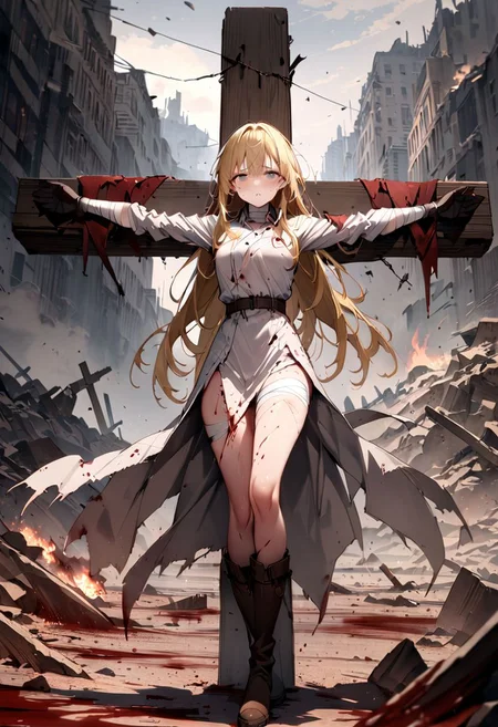 CROSS_T, Crucifixion, Arms Spread, Legs Together, OverallDetailXL, (masterpiece:1.2), (best quality), 8K wallpaper, (highres), (ultra detailed:1.2), sharp lines,
1 girl, solo, full body,  anime style,  (battlefield:1.2), (war:1.1), (healing:1.1), (compassionate:1.1),
(long hair:1.1), blonde hair,  (long coat:1.2), (medical bag:1.1), (gloves:1.1), (boots:1.1), (bandages:1.1), (healing potion:1.1), (concerned:1.1), (gentle:1.1), (kind:1.1), (soft eyes:1.1),
(blood:1.2), (gore:1.1), (weapon:1.1), (injured soldiers:1.1), (smoke:1.1), (fire:1.1), (shadow:1.2), (gloomy:1.1), (dramatic:1.2), (grand:1.1), (epic:1.1),
(detailed background:1.2),  (realistic lighting:1.1),  (atmospheric:1.2),  (dramatic lighting:1.1),  (gloomy lighting:1.1),  (dark shadows:1.1),  (soft shadows:1.1),  (light rays:1.1), (ruined city:1.1), (destroyed buildings:1.1), (fallen flags:1.1),