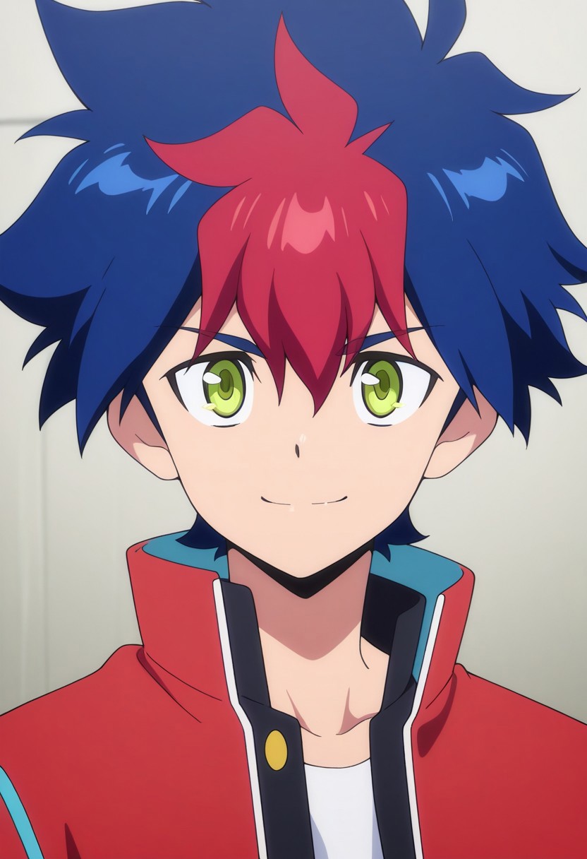 masterpiece,best quality,amazing quality, source_anime,
RaitoTenryu, 1boy, male focus, solo, green eyes, multicolored hair, blue hair, red hair, gakuran, shirt, white shirt, jacket, red jacket, open jacket, smile, determined, portrait,