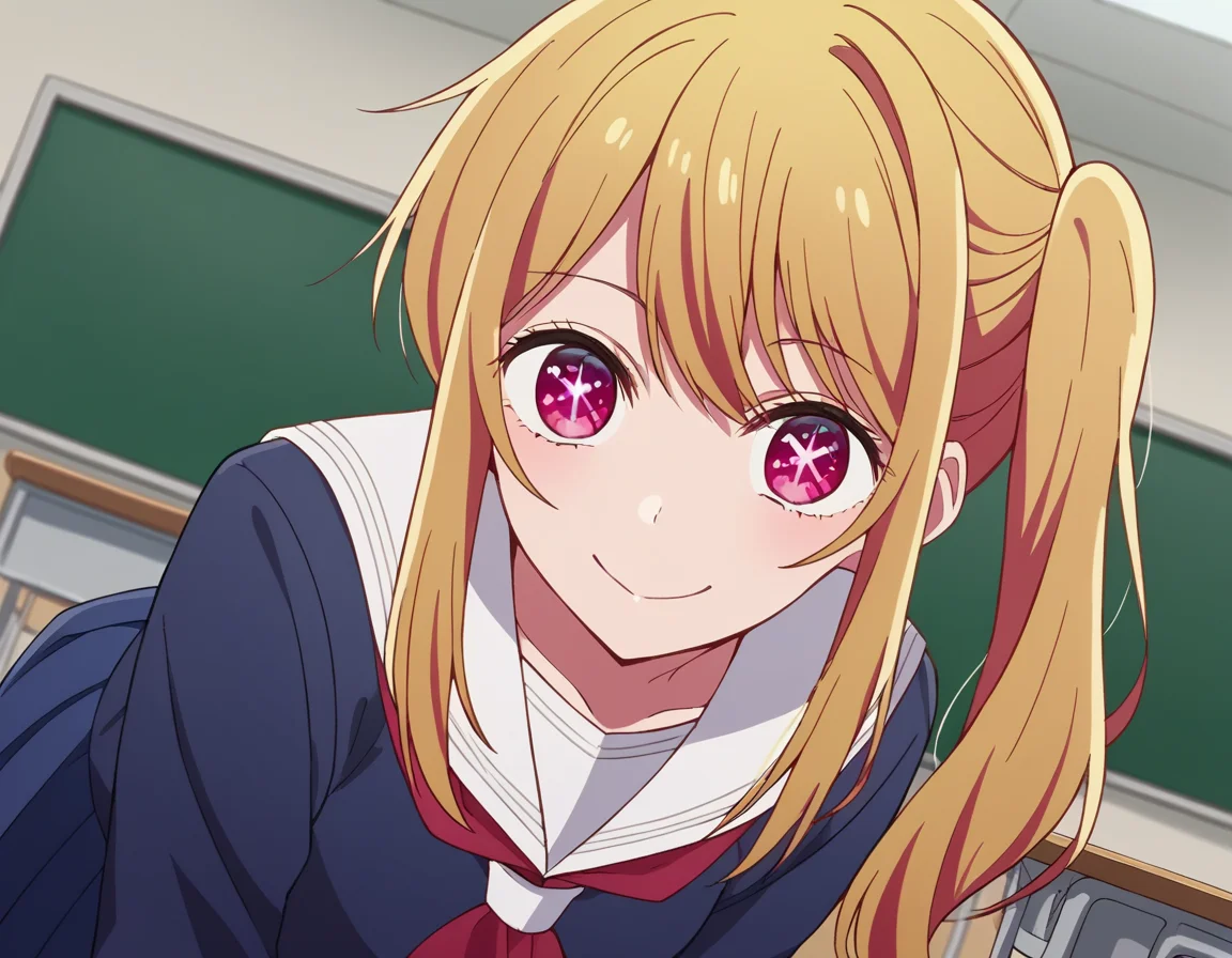 score_9, score_8_up, score_7_up, source_anime,
rubyhoshino, <lora:ruby-hoshino-s1-ponyxl-lora-nochekaiser:1>,
ruby hoshino, long hair, bangs, blonde hair, pink eyes, sidelocks, symbol-shaped pupils, multicolored hair, two-tone hair,
side ponytail, long sleeves, school uniform, serafuku, sailor collar, neckerchief, cardigan, red neckerchief, white sailor collar, skirt, blue skirt,
indoors, classroom, bent over, smile,
looking at viewer, cowboy shot, dutch angle, solo,