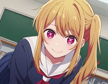 score_9, score_8_up, score_7_up, source_anime,
rubyhoshino, <lora:ruby-hoshino-s1-ponyxl-lora-nochekaiser:1>,
ruby hoshino, long hair, bangs, blonde hair, pink eyes, sidelocks, symbol-shaped pupils, multicolored hair, two-tone hair,
side ponytail, long sleeves, school uniform, serafuku, sailor collar, neckerchief, cardigan, red neckerchief, white sailor collar, skirt, blue skirt,
indoors, classroom, bent over, smile,
looking at viewer, cowboy shot, dutch angle, solo,