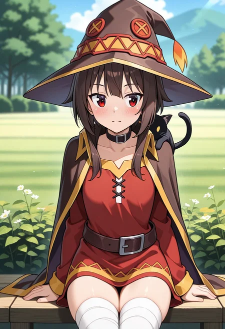masterpiece, best quality, good quality, very aesthetic, absurdres, newest, 8K, detailed anime, depth of field, focused subject, vibrant anime, BREAK
Megumin (Konosuba), standing, a black cat sitting on her shoulder, outdoors, countryside