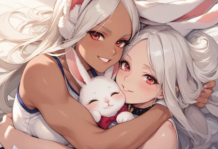 score_9, score_8_up, score_7_up, score_6_up, 1girl, rumi usagiyama, dark skinned female, hugging a white rabbit,