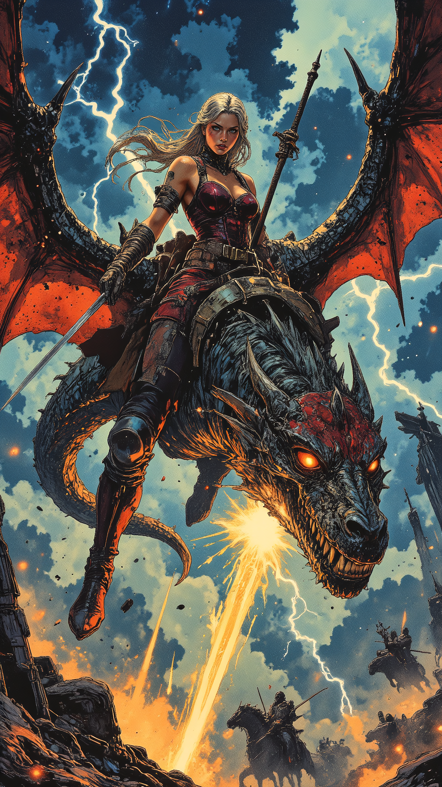 High-resolution anime-style illustration with expressive brushstrokes, cinematic lighting, and epic fantasy atmosphere. A fierce warrior woman clings tightly to the glowing scales of a massive dragon as they soar through a storm-ridden sky, lightning crackling around them. Her long, platinum-blonde hair is tied into an intricate braid, strands whipping wildly in the wind as her piercing sapphire eyes focus ahead with unshaken determination. She wears a sleek, dark crimson leather corset with golden embroidery, form-fitting battle pants, and knee-high armored boots, the fabric and metal catching the flickering stormlight. One gloved hand grips the dragonâs reins, while the other clutches a curved enchanted blade, its edge glowing with runes that pulse in sync with the storm. Below them, an army of airborne foes rides shadowy wyverns, their silhouettes barely visible against the swirling storm clouds and the shattered remains of a floating fortress. The dragonâs powerful wings carve through the sky, leaving glowing embers in their wake as its roaring flames illuminate the battlefield. Dynamic lighting blends deep indigo clouds with brilliant flashes of gold and crimson, creating a breathtaking, high-energy composition <lora:illustration:0.5> <lora:Vibrantly_Dark_style_v.1:0.7000000000000001> <lora:Vintage_comic_book:0.8>