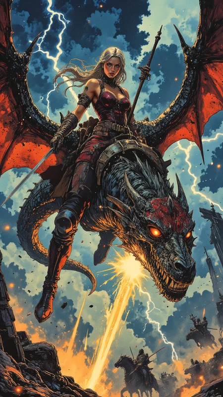 High-resolution anime-style illustration with expressive brushstrokes, cinematic lighting, and epic fantasy atmosphere. A fierce warrior woman clings tightly to the glowing scales of a massive dragon as they soar through a storm-ridden sky, lightning crackling around them. Her long, platinum-blonde hair is tied into an intricate braid, strands whipping wildly in the wind as her piercing sapphire eyes focus ahead with unshaken determination. She wears a sleek, dark crimson leather corset with golden embroidery, form-fitting battle pants, and knee-high armored boots, the fabric and metal catching the flickering stormlight. One gloved hand grips the dragonâs reins, while the other clutches a curved enchanted blade, its edge glowing with runes that pulse in sync with the storm. Below them, an army of airborne foes rides shadowy wyverns, their silhouettes barely visible against the swirling storm clouds and the shattered remains of a floating fortress. The dragonâs powerful wings carve through the sky, leaving glowing embers in their wake as its roaring flames illuminate the battlefield. Dynamic lighting blends deep indigo clouds with brilliant flashes of gold and crimson, creating a breathtaking, high-energy composition <lora:illustration:0.5> <lora:Vibrantly_Dark_style_v.1:0.7000000000000001> <lora:Vintage_comic_book:0.8>