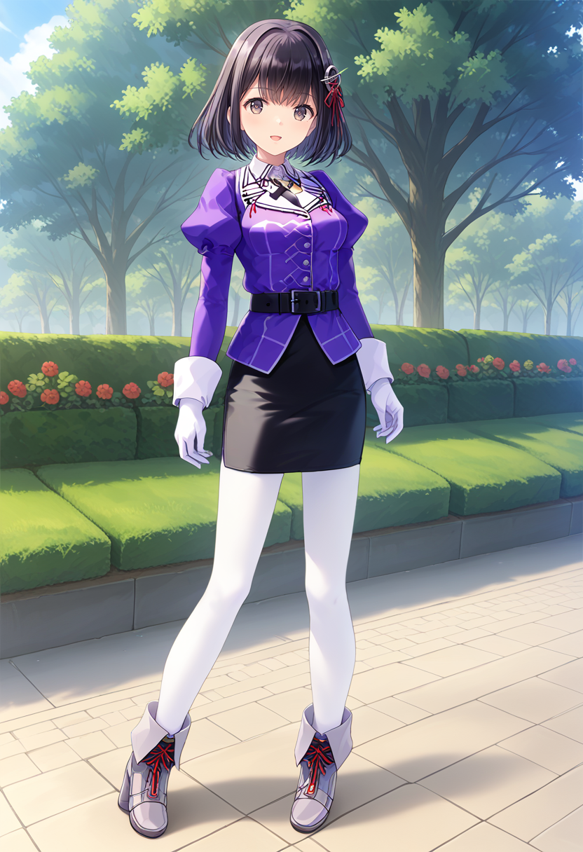 1girl, solo, park, standing, full body, <lora:KC_03HC_haguro_pony:1> hagurokaikc, purple_jacket,  long sleeves, puffy sleeves, elbow gloves, white gloves, black belt, black skirt, pencil skirt, white pantyhose, grey boots,, score_9,score_8_up, score_7_up, source_anime, masterpiece, best quality,  official art, official style, game cg, megami magazine, rating_safe, rating_questionable, <lora:Fixhands_anime_bdsqlsz_V1:0.75>, NEGATIVE_HANDS