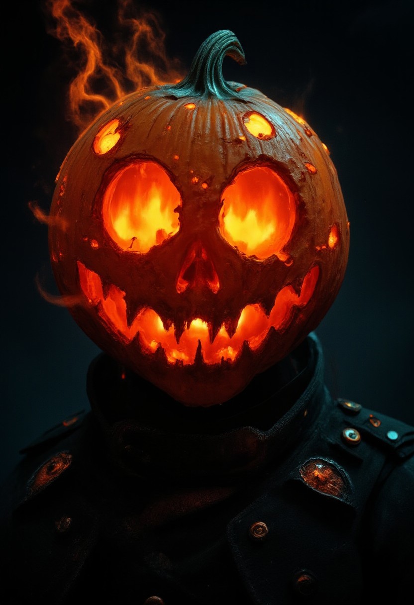 Realistic Pumpkin head glowing Pale orange from within, flat color two-toned in translucent deep Red and black hues, cinematic lighting, insane details, hyperrealistic extreme close-up macro photography, 64-megapixel DSLR. A vibrant, action-packed anime scene in a sketch-like style with thick, bold lines. The focus is a close-up of a charming translucent necromancer’s Pumpkin head, engraved with glowing dark symbols that blend medieval magic and futuristic sci-fi. His hollow carved eye sockets blaze with neon-turqoise-green flames, while his cracked pumpkin structure reflects the Low Key Bleaked hues of the environment. High collar Military parka,
Small, illuminated circular lights float around his skull, giving him an ethereal, mysterious aura. The glowing runes on his head pulse with energy, radiating a dark power. Atmospheric haze surrounds the scene, heightening the contrast between the deep blacks of the background and the vibrant white lights. The intense aura swirling around him feels ready to explode with necromantic energy, creating a striking visual of raw emotion and supernatural power in this eerie, sci-fi fantasy setting.