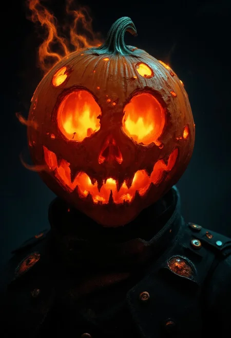 Realistic Pumpkin head glowing Pale orange from within, flat color two-toned in translucent deep Red and black hues, cinematic lighting, insane details, hyperrealistic extreme close-up macro photography, 64-megapixel DSLR. A vibrant, action-packed anime scene in a sketch-like style with thick, bold lines. The focus is a close-up of a charming translucent necromancer’s Pumpkin head, engraved with glowing dark symbols that blend medieval magic and futuristic sci-fi. His hollow carved eye sockets blaze with neon-turqoise-green flames, while his cracked pumpkin structure reflects the Low Key Bleaked hues of the environment. High collar Military parka,
Small, illuminated circular lights float around his skull, giving him an ethereal, mysterious aura. The glowing runes on his head pulse with energy, radiating a dark power. Atmospheric haze surrounds the scene, heightening the contrast between the deep blacks of the background and the vibrant white lights. The intense aura swirling around him feels ready to explode with necromantic energy, creating a striking visual of raw emotion and supernatural power in this eerie, sci-fi fantasy setting.
